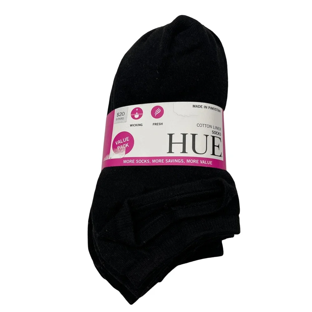HUE Socks Womens OS Black Cotton Liner Socks 6 Pairs Value Pack Wicking Fresh